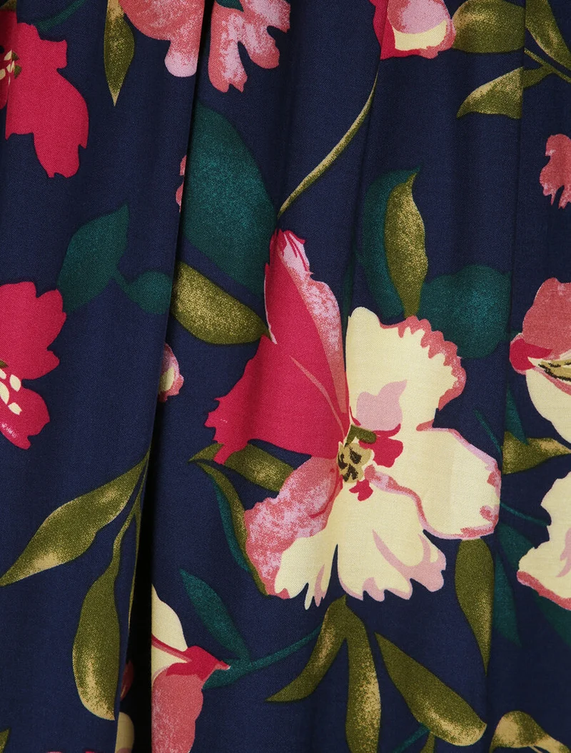 Langes Kleid mit riesigen Gänseblümchen bedruckt - Marine/Rosa
