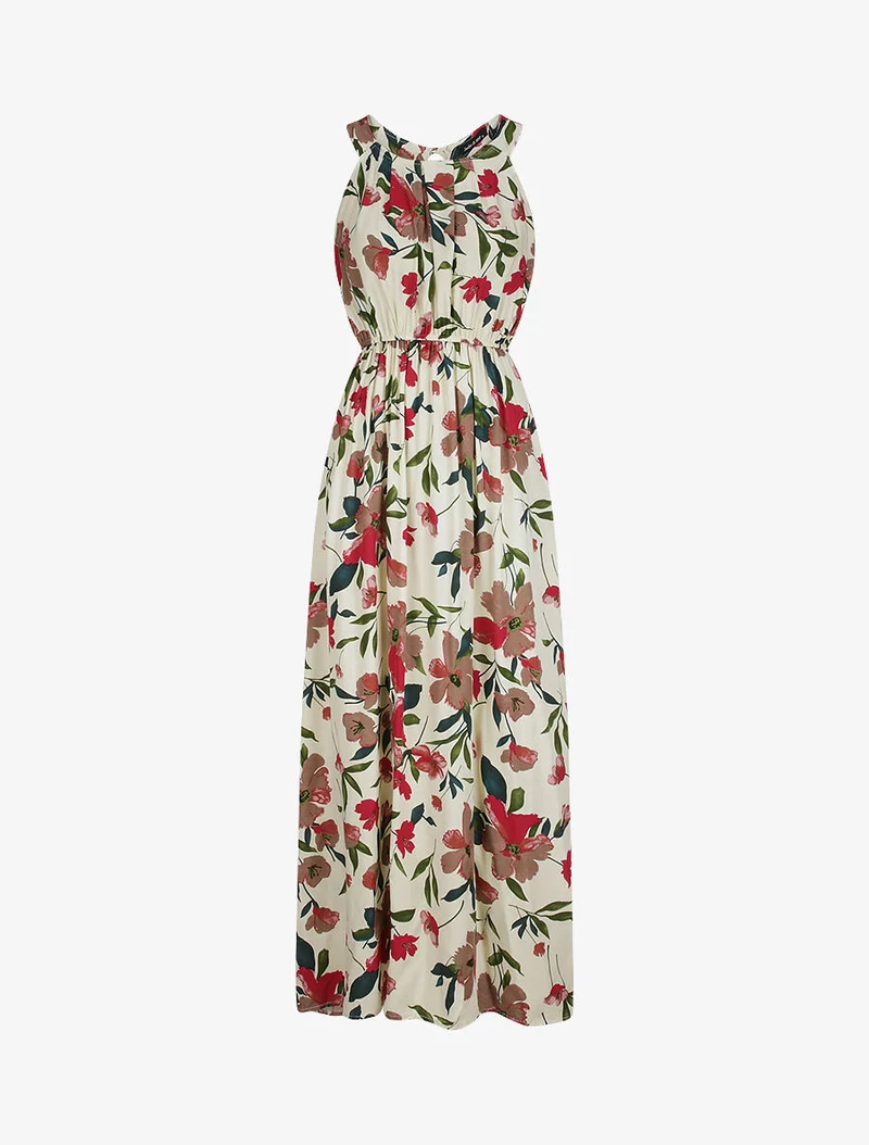 Langes Kleid mit riesigen Gänseblümchen bedruckt - Beige/dunkelrosa