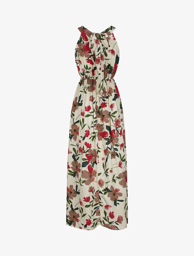 Langes Kleid mit riesigen Gänseblümchen bedruckt - Beige/dunkelrosa