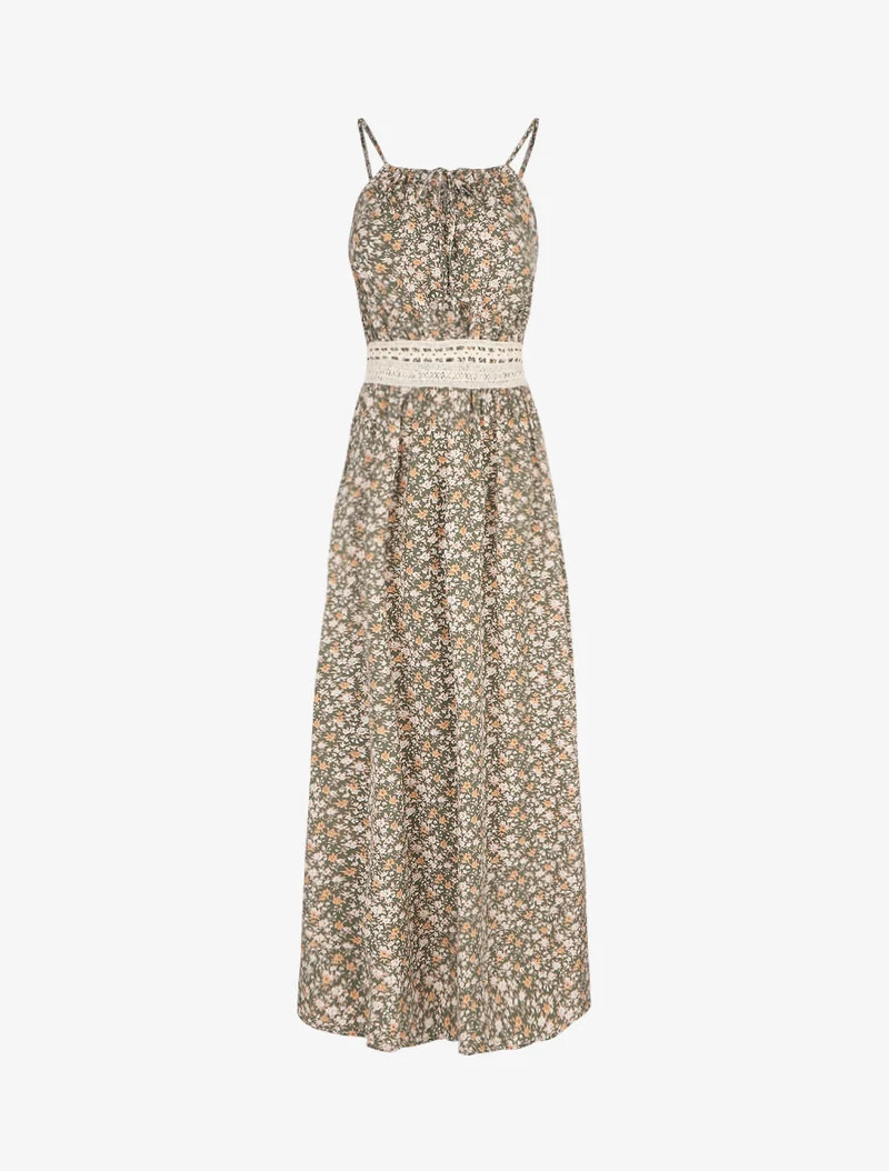 Langes Kleid mit Blumenmuster und bestickter Taille - Kaki