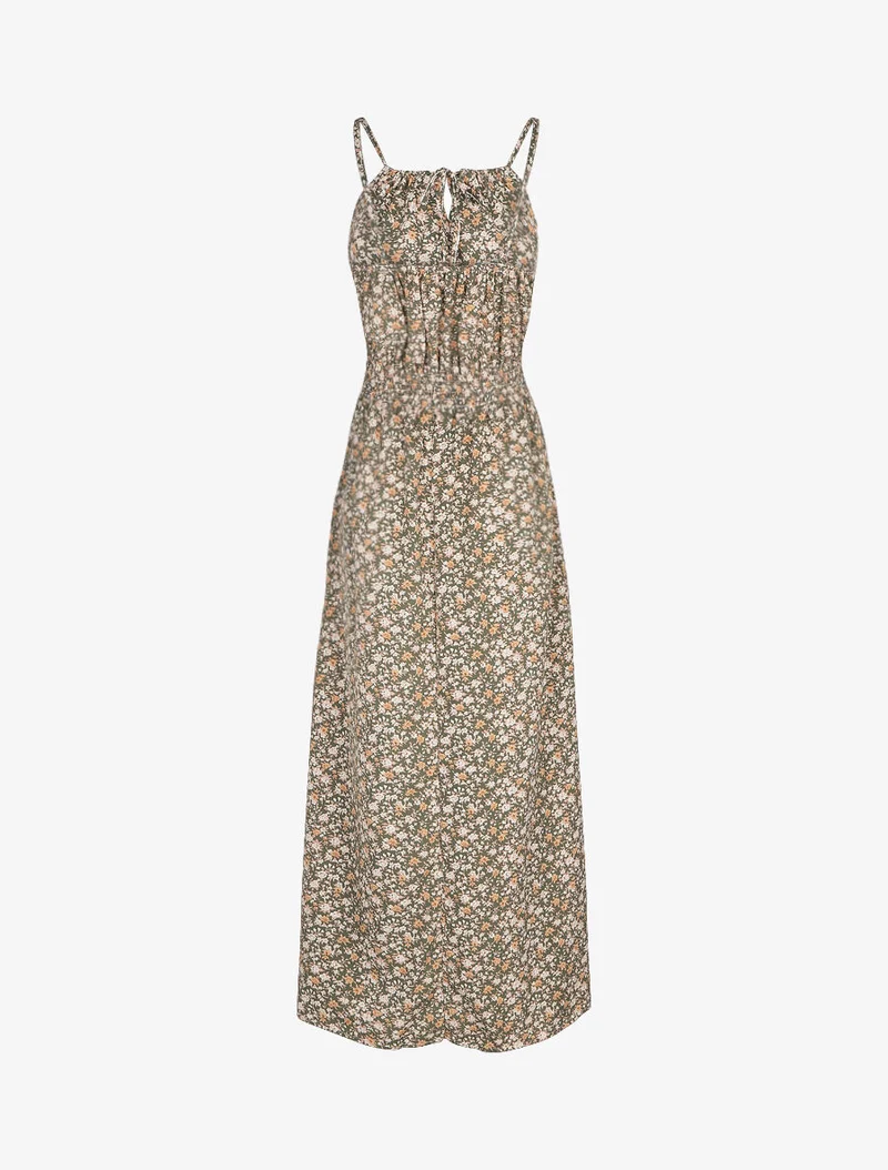 Langes Kleid mit Blumenmuster und bestickter Taille - Kaki