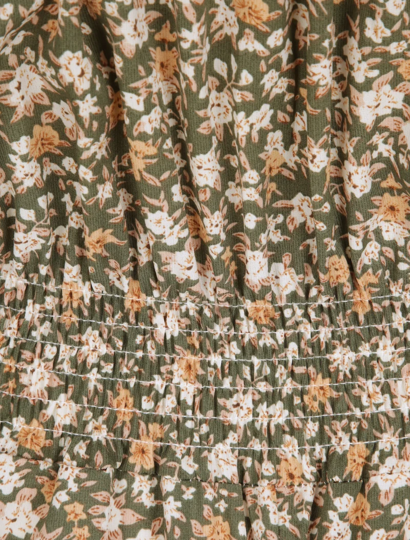 Langes Kleid mit Blumenmuster und bestickter Taille - Kaki