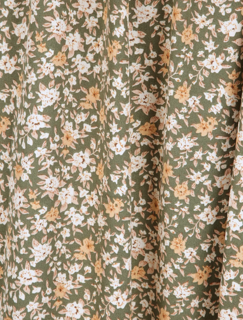 Langes Kleid mit Blumenmuster und bestickter Taille - Kaki