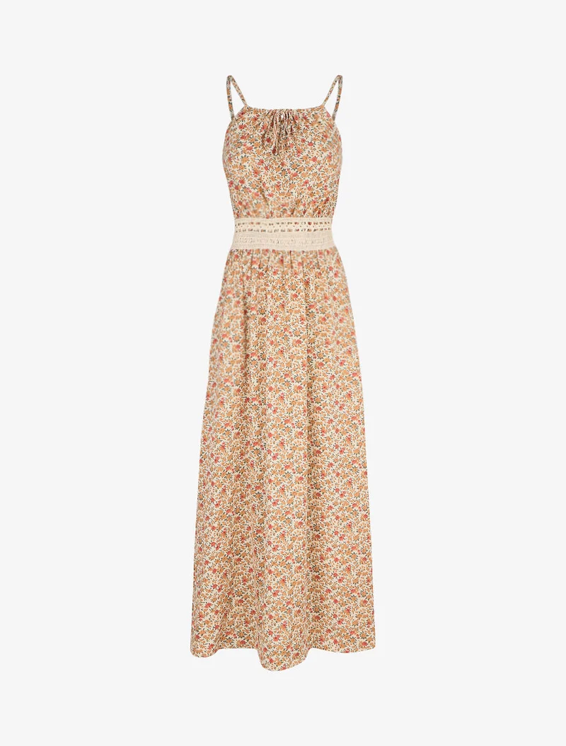Langes Kleid mit Blumenmuster und bestickter Taille - Orange
