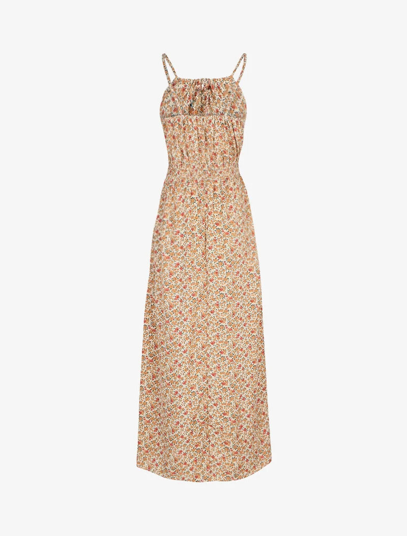 Langes Kleid mit Blumenmuster und bestickter Taille - Orange