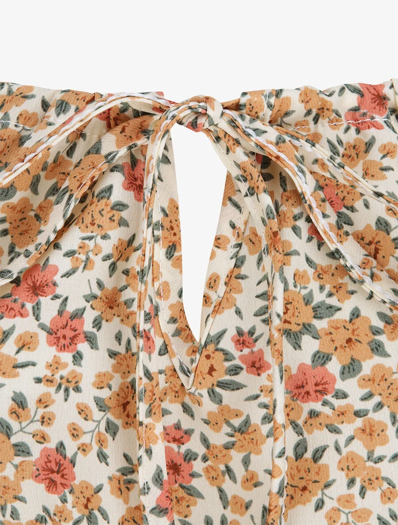 Langes Kleid mit Blumenmuster und bestickter Taille - Orange