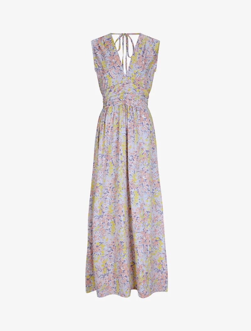 Langes Kleid mit Frühlingsblumenmuster - Himmelblau