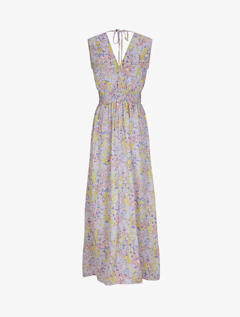 Langes Kleid mit Frühlingsblumenmuster - Himmelblau
