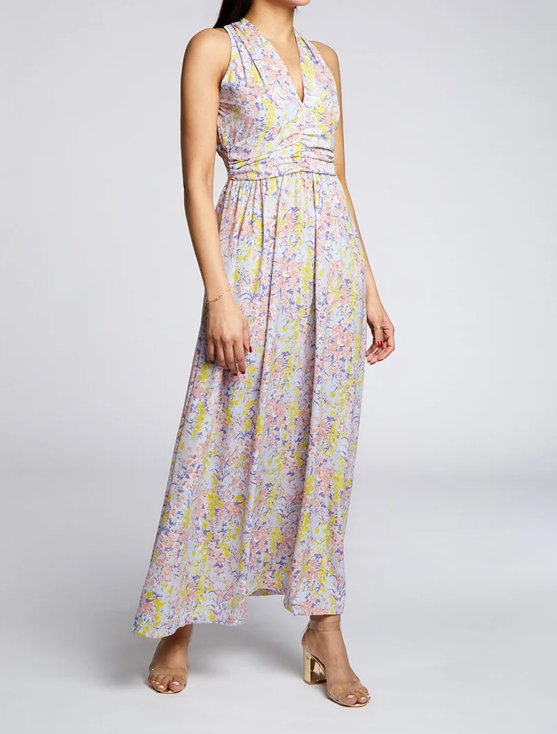 Langes Kleid mit Frühlingsblumenmuster - Himmelblau