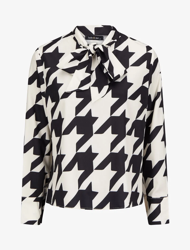 Bluse mit Lavallière-Kragen und Hahnentritt-Muster - Schwarz