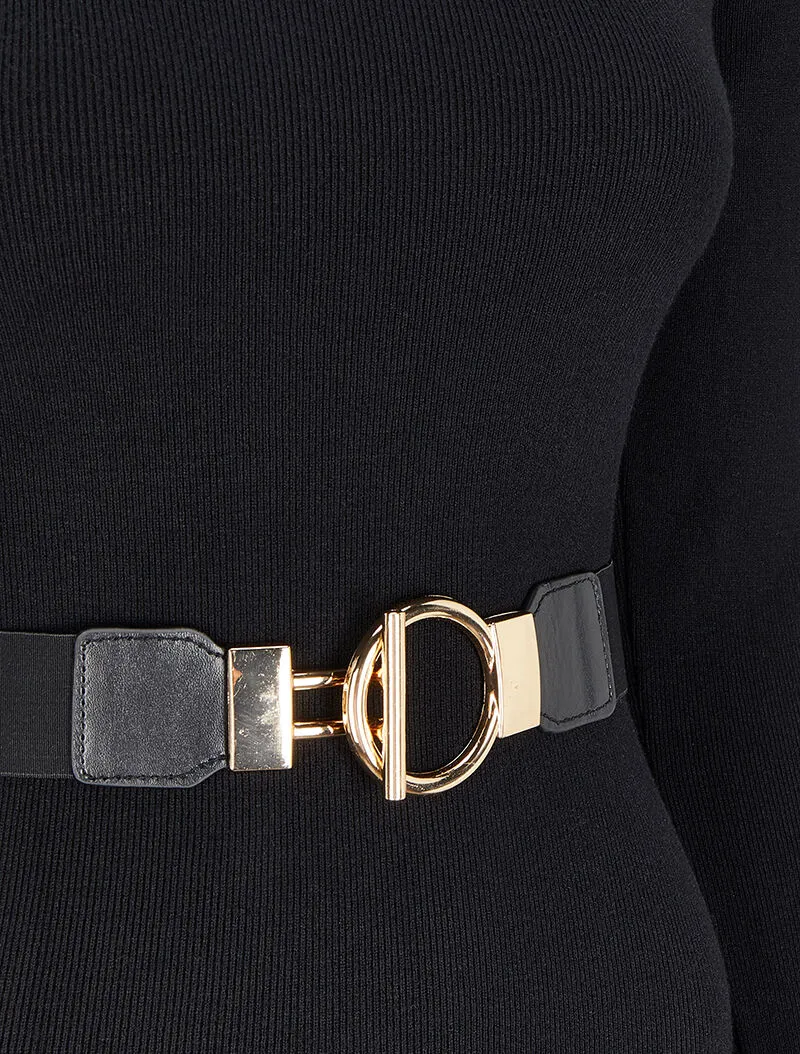 Einfärbiges Pulloverkleid mit stilisiertem Gürtel - Schwarz