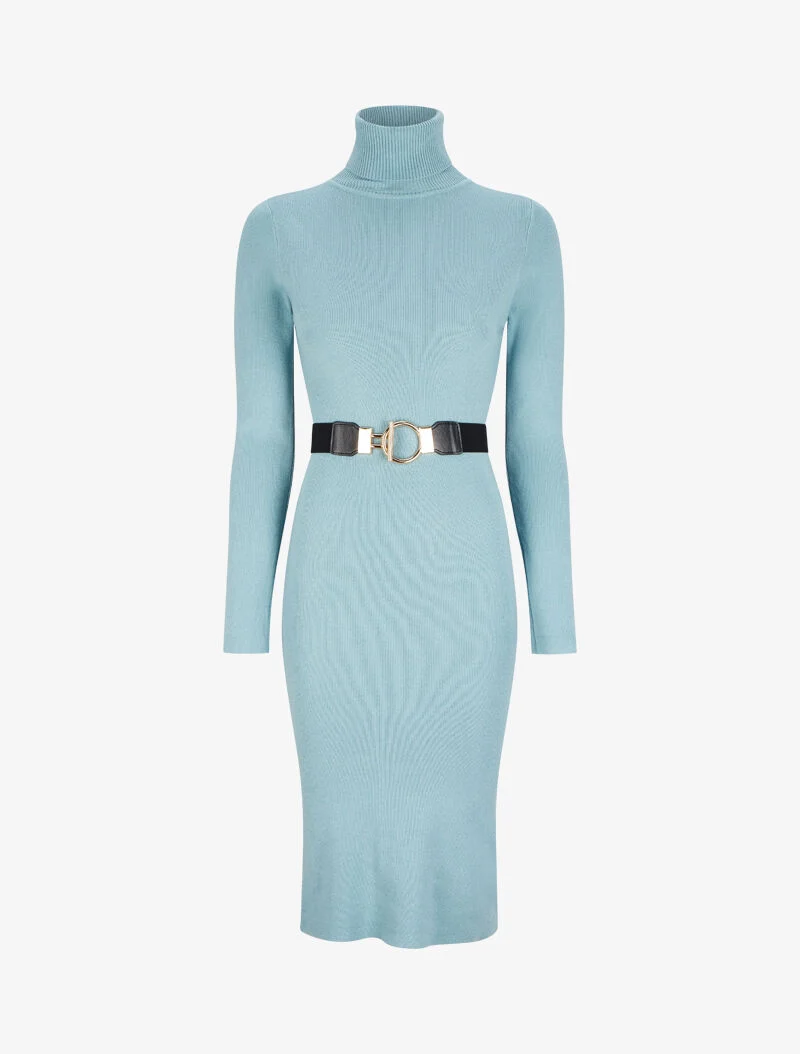 Langes Strickkleid mit Rollkragen - Himmelblau