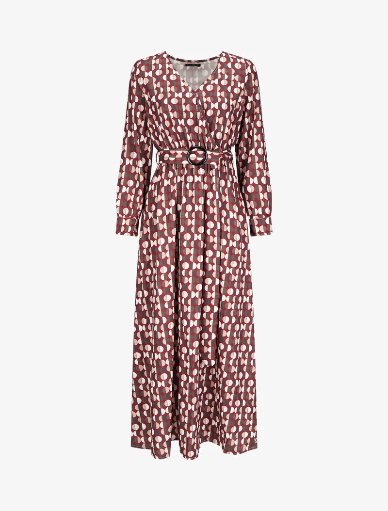 Langes Kleid mit stilisiertem Punkte-Print - Weinrot