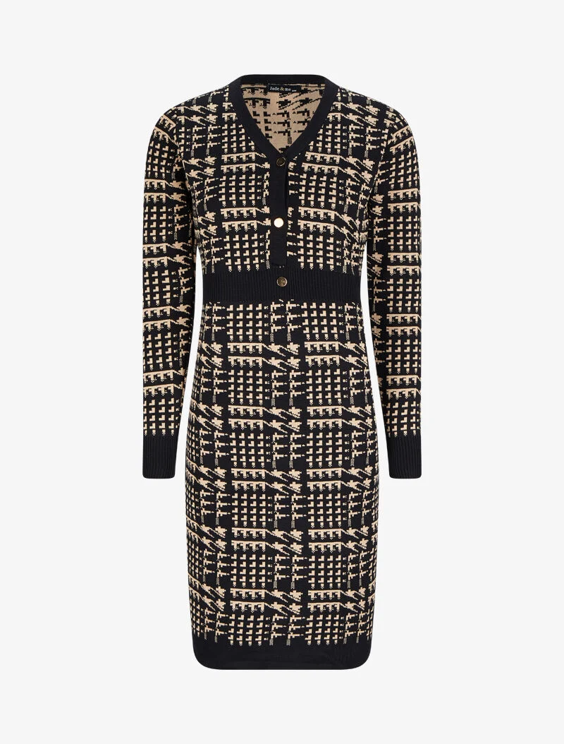 Midikleid mit V-Ausschnitt und grafischem Print - Schwarz/Kamel