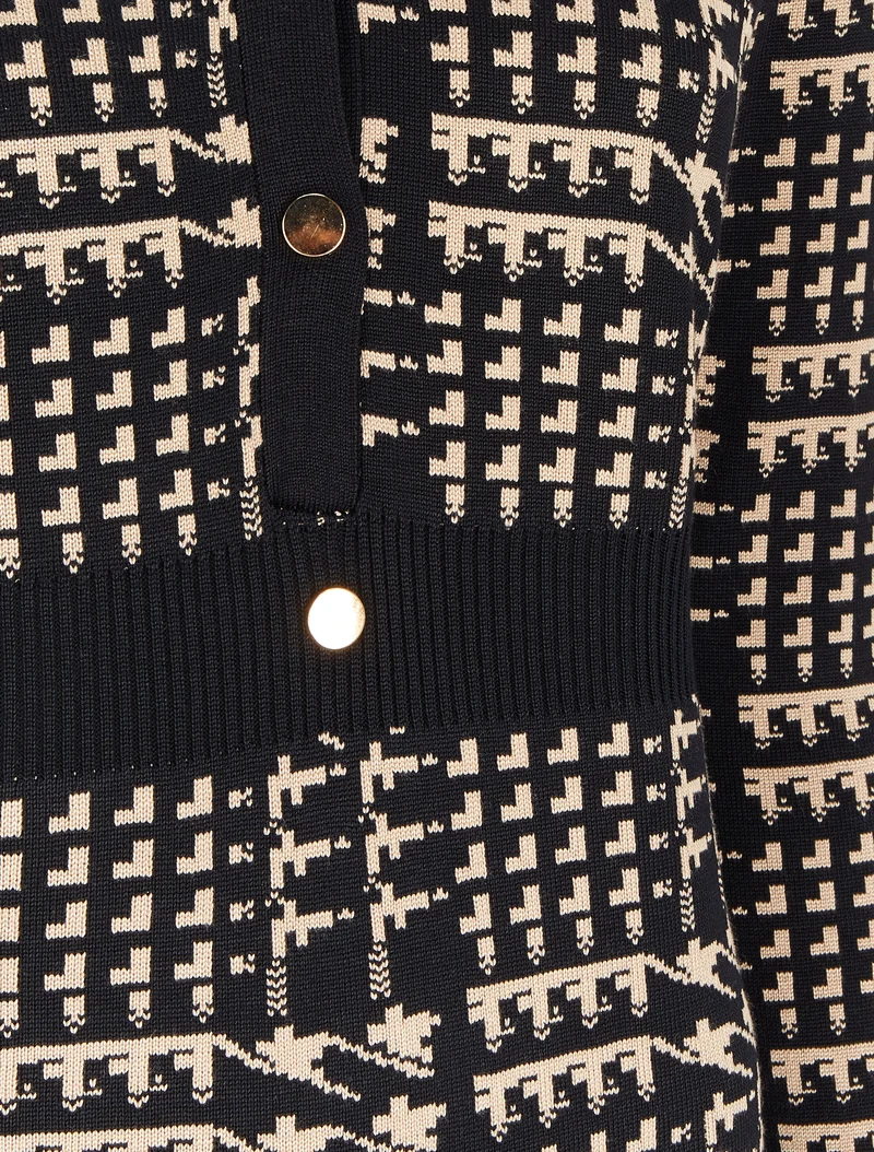 Midikleid mit V-Ausschnitt und grafischem Print - Schwarz/Kamel