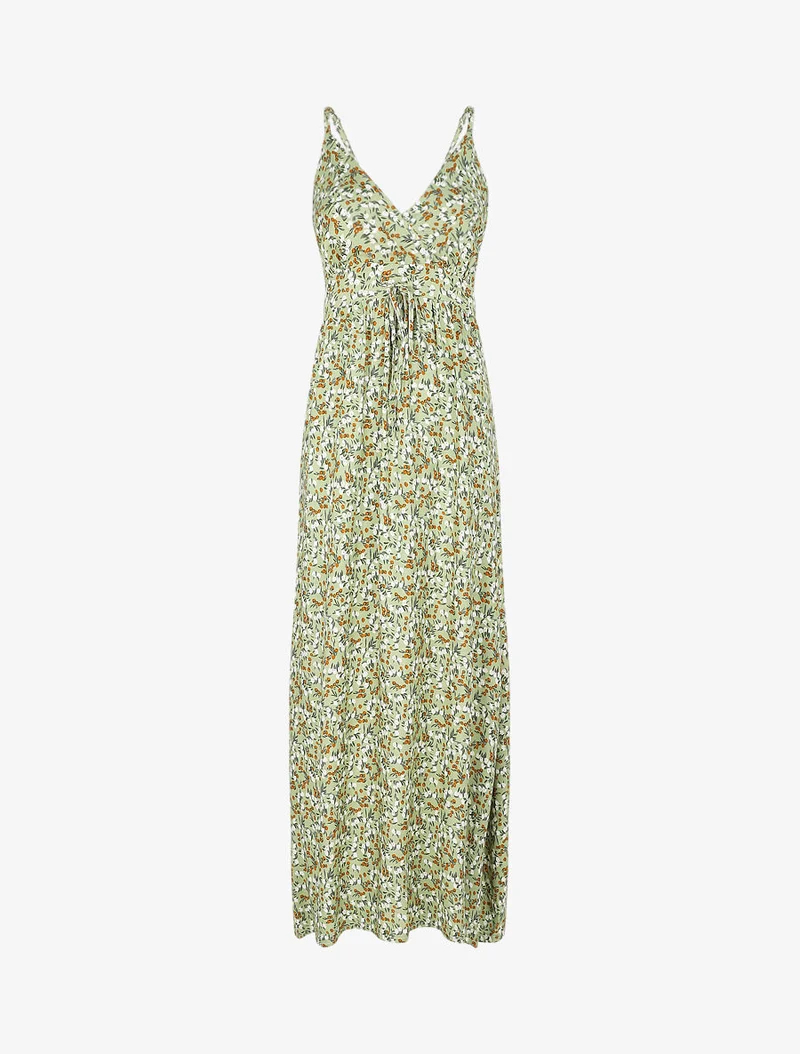 Tailliertes langes Kleid mit Frühlingsblumenmuster. - Kaki