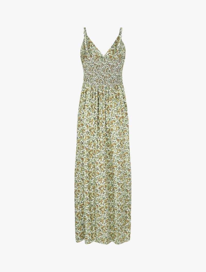 Tailliertes langes Kleid mit Frühlingsblumenmuster. - Kaki