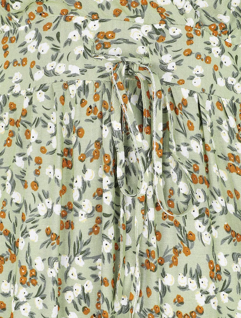 Tailliertes langes Kleid mit Frühlingsblumenmuster. - Kaki