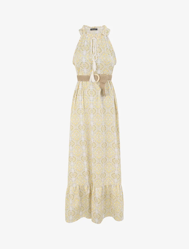 Langes ausgestelltes Kleid mit blumigem Fayence-Druck - Gelb