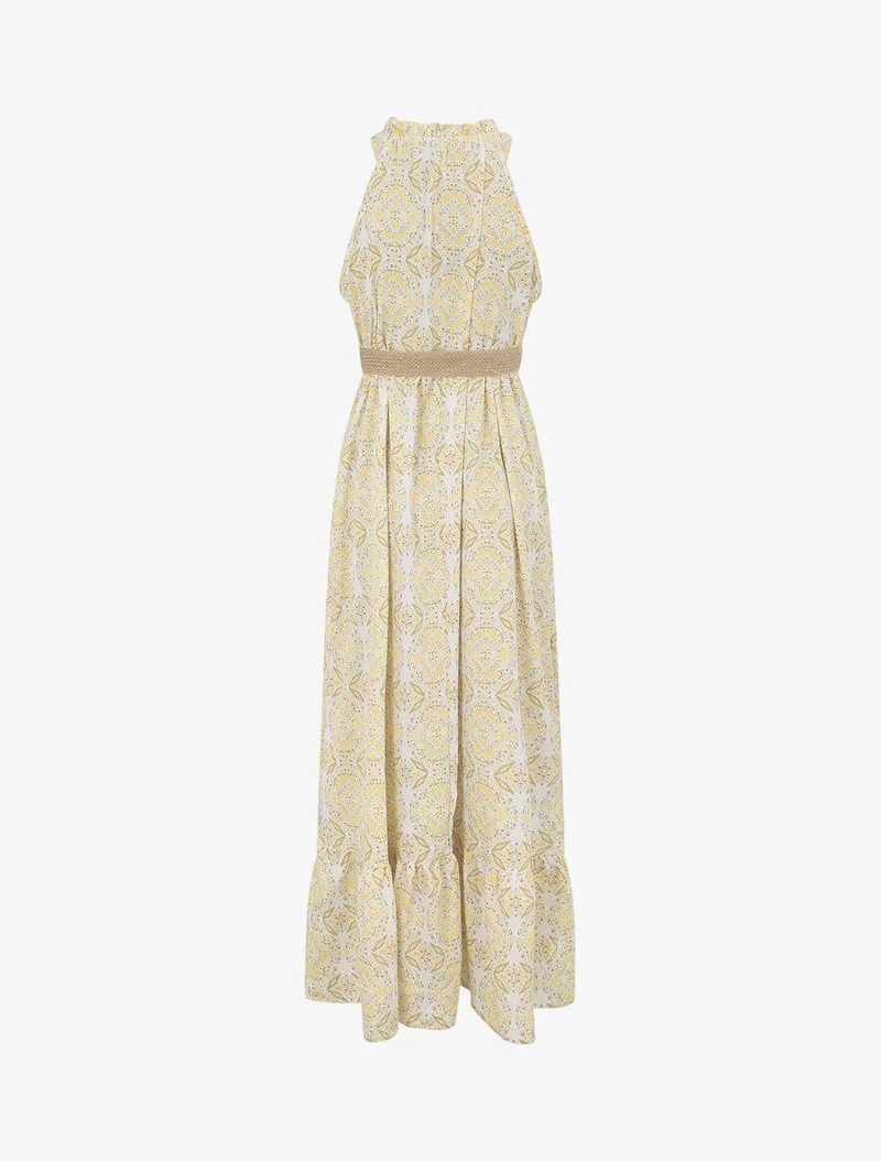Langes ausgestelltes Kleid mit blumigem Fayence-Druck - Gelb
