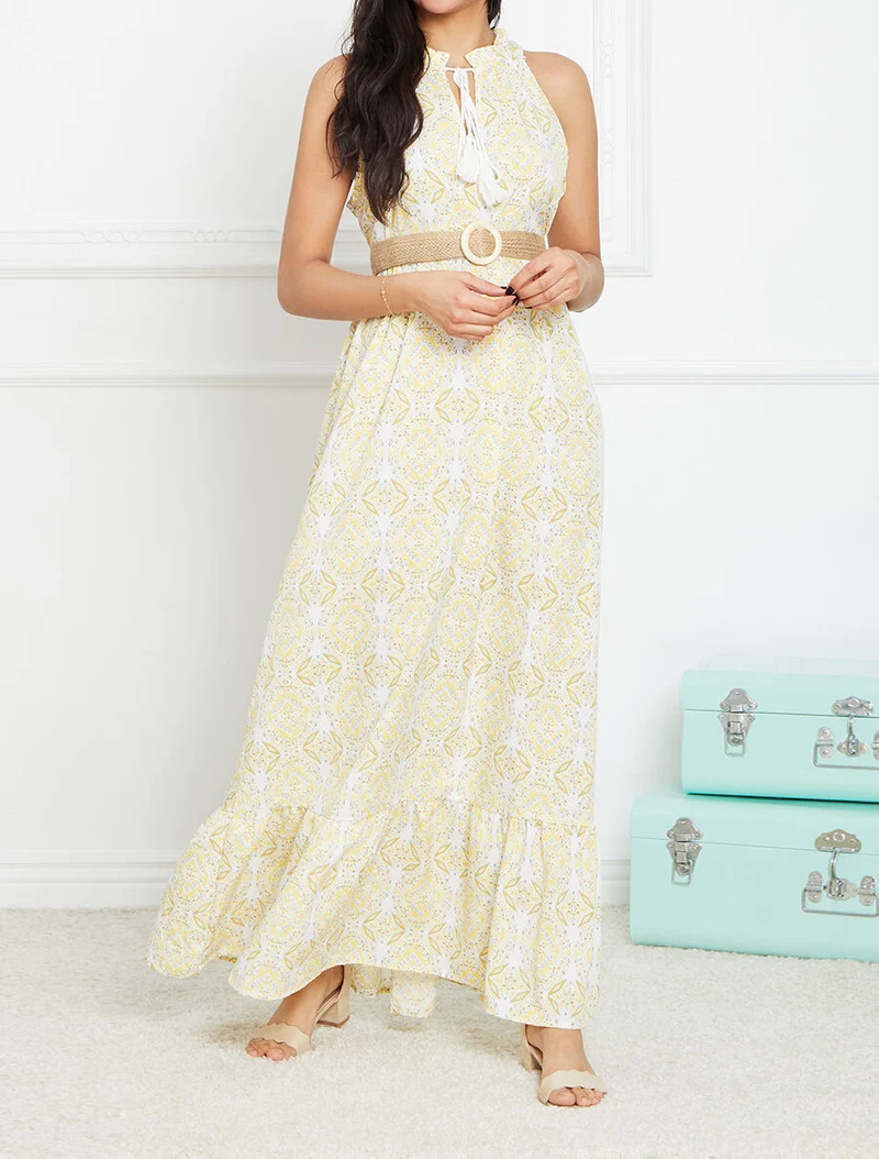 Langes ausgestelltes Kleid mit blumigem Fayence-Druck - Gelb