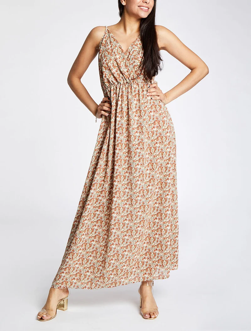 Empire Maxikleid mit Blumenmuster und schmalen Trägern - Olivgrün