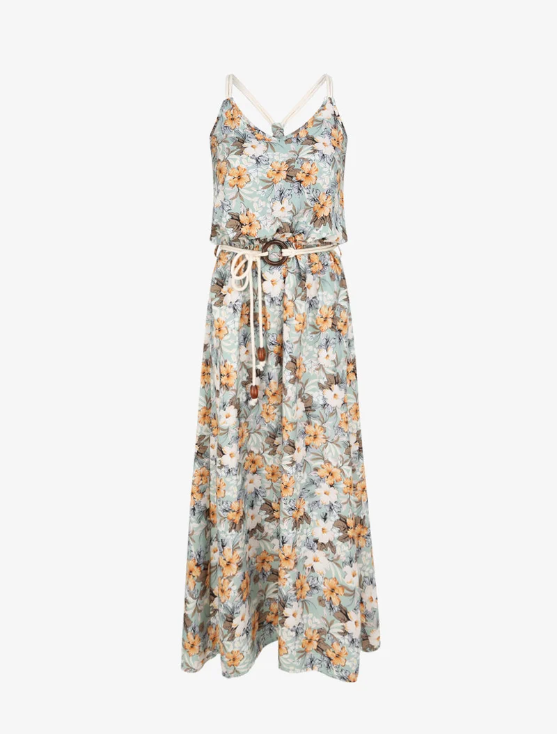 Langes Kleid mit Blumenmuster und Kordelträgern - Wassergrün