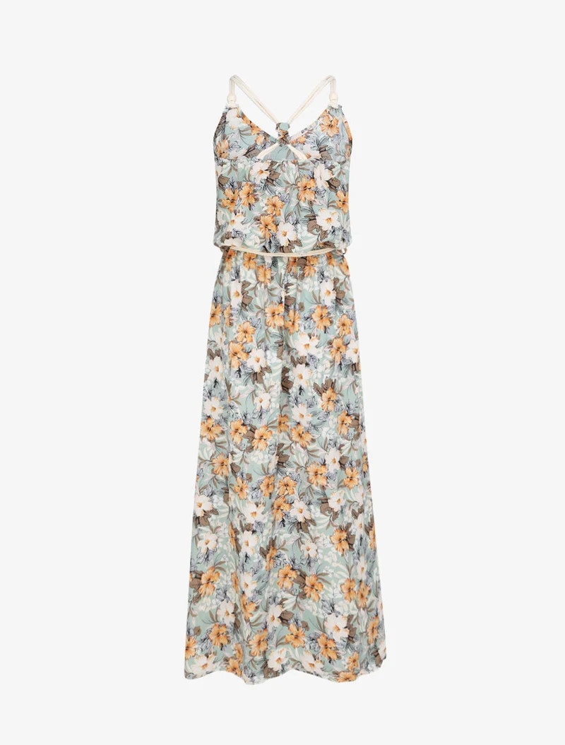 Langes Kleid mit Blumenmuster und Kordelträgern - Wassergrün
