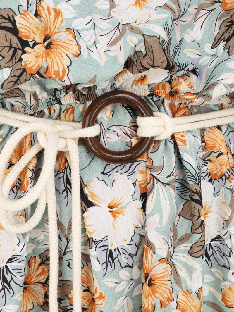 Langes Kleid mit Blumenmuster und Kordelträgern - Wassergrün