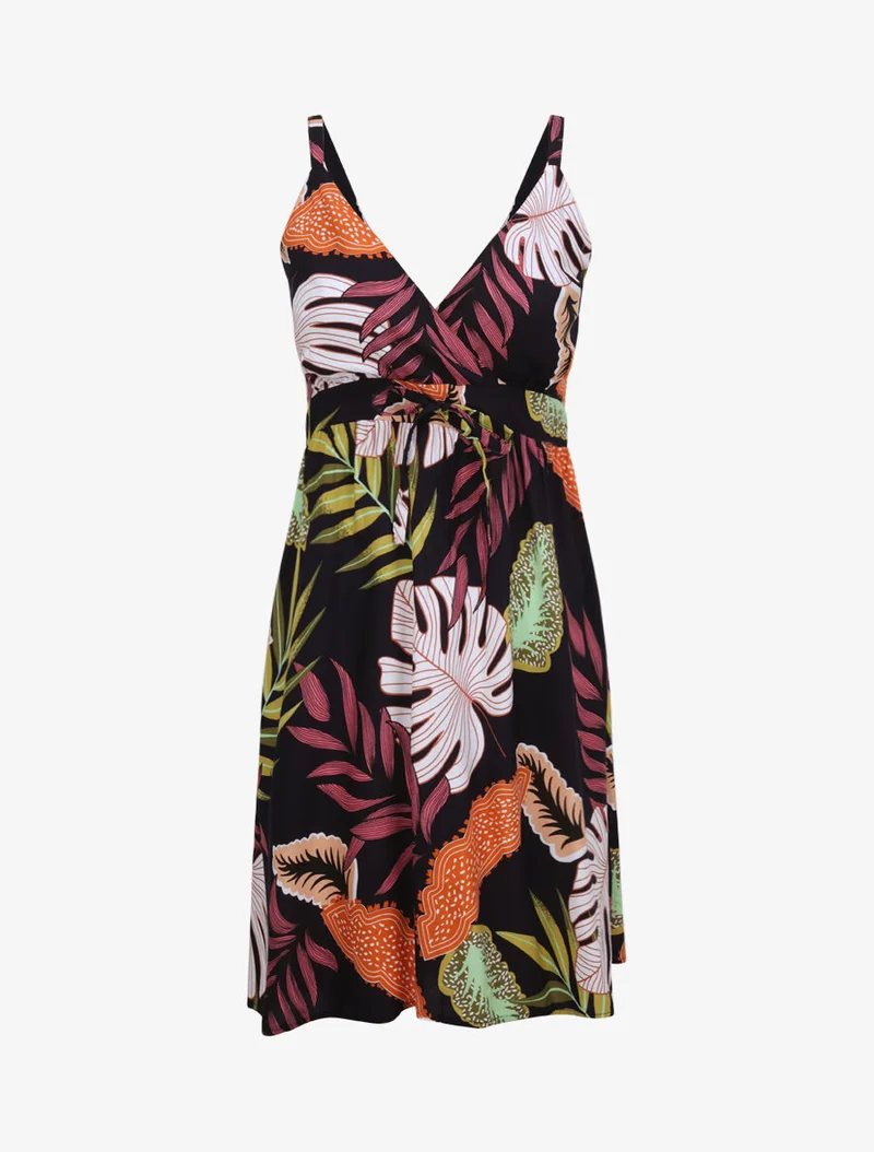 Skaterkleid mit exotischem Blätterdruck - Marine