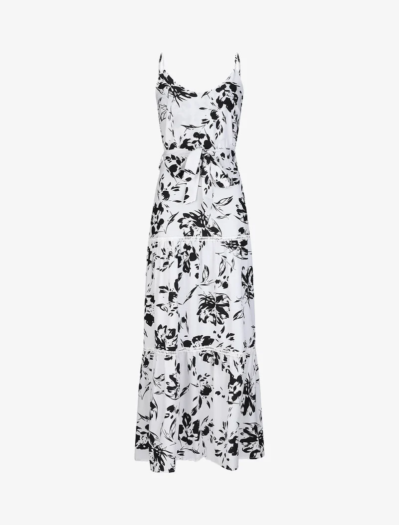 Langes Skaterkleid mit kontrastierendem Blumenmuster - Weiß