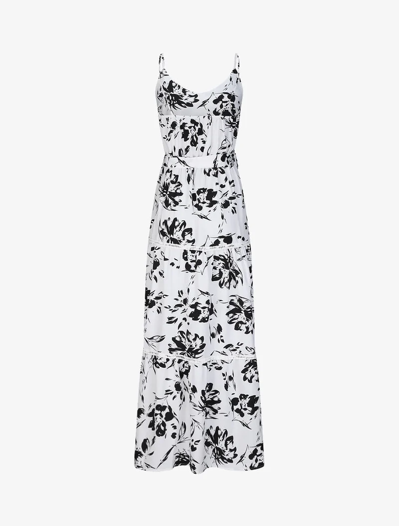 Langes Skaterkleid mit kontrastierendem Blumenmuster - Weiß