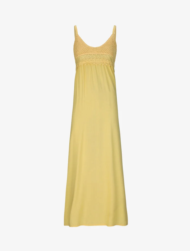 Langes Empire-Kleid mit gehäkeltem Brustteil - Gelb