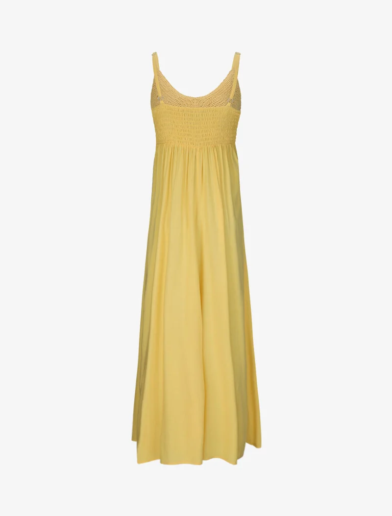 Langes Empire-Kleid mit gehäkeltem Brustteil - Gelb