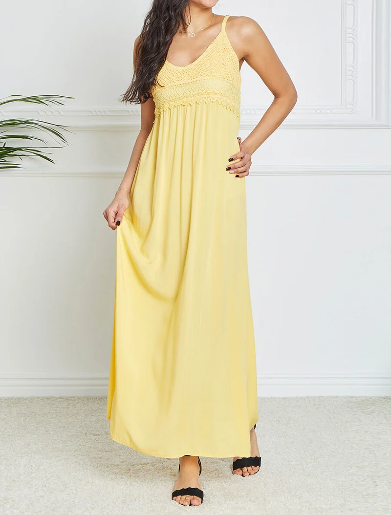 Langes Empire-Kleid mit gehäkeltem Brustteil - Gelb