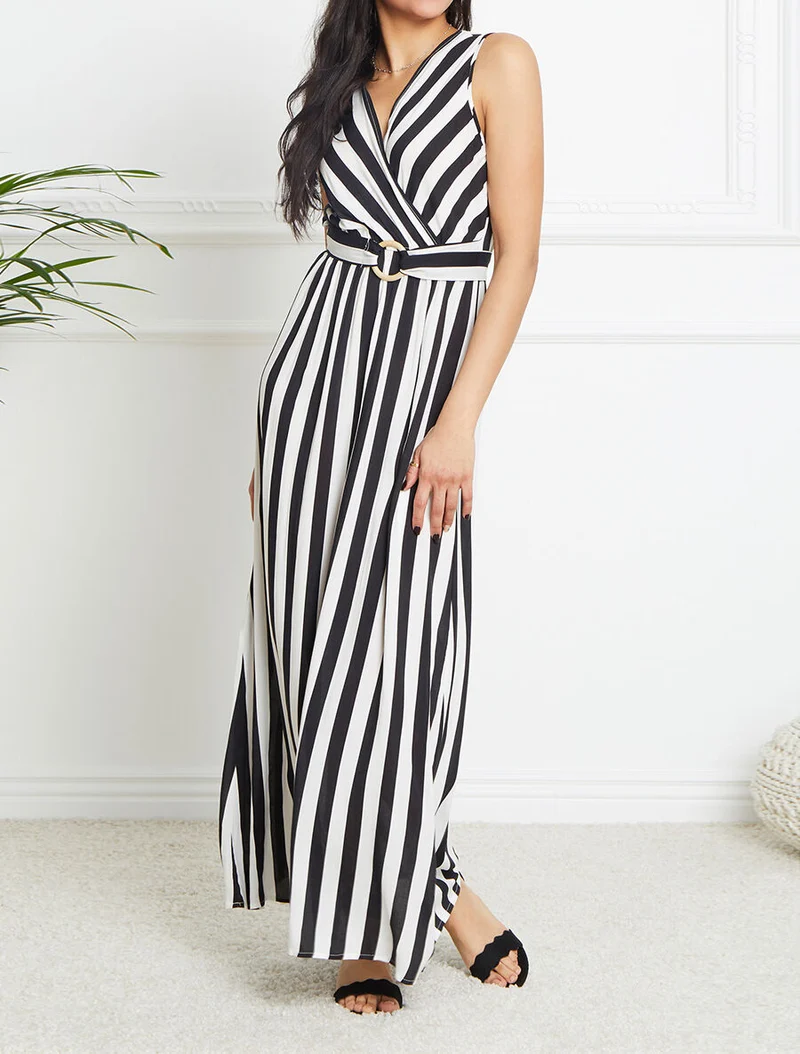 Langes Empire-Kleid mit Streifenmuster - Schwarz