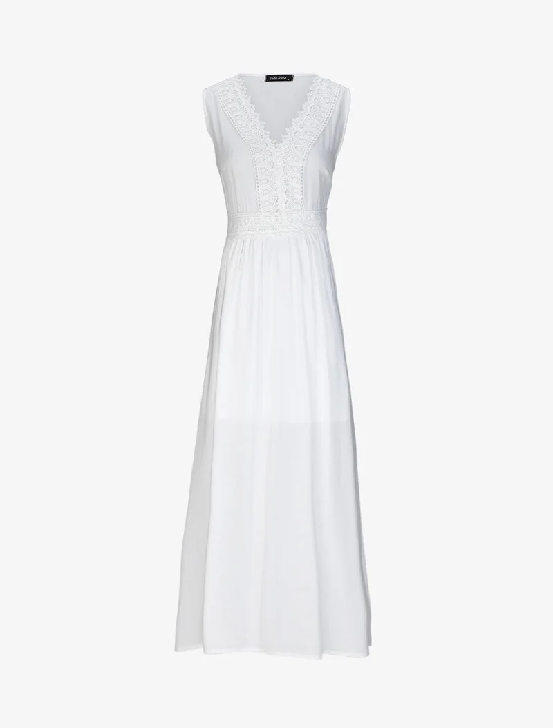 Langes, ausgestelltes einfarbiges Kleid mit Häkelkragen - Weiß