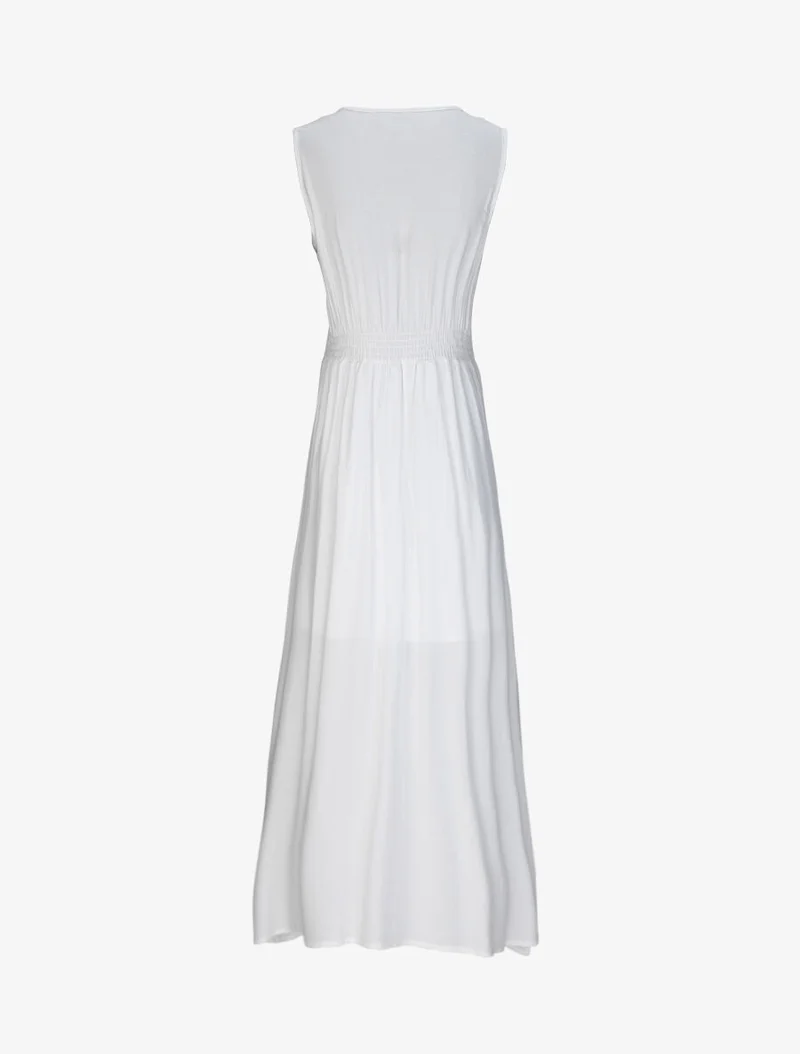 Langes, ausgestelltes einfarbiges Kleid mit Häkelkragen - Weiß