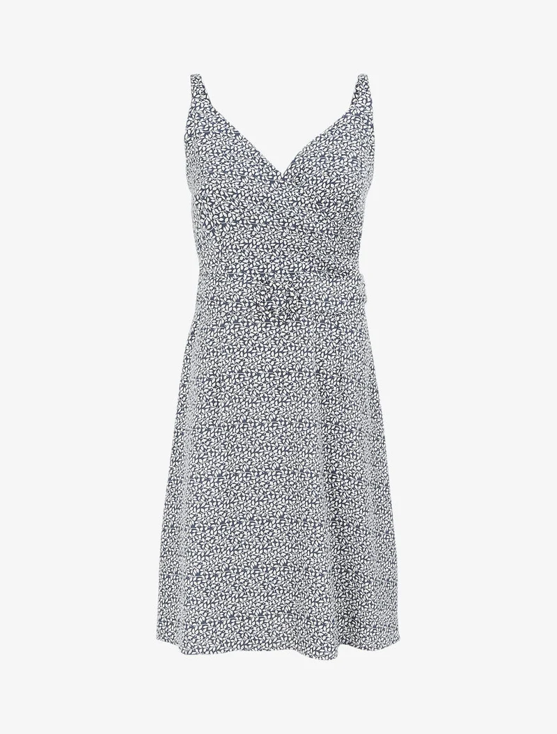 Empire-Kleid mit kurzem Rock und Wickelkragen im Blätterdruck. - Blau