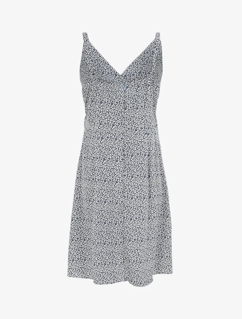Empire-Kleid mit kurzem Rock und Wickelkragen im Blätterdruck. - Blau