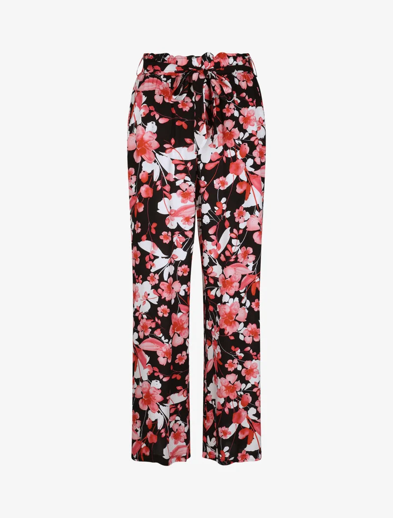 Fließende Hose mit Rosenblütenmuster - Schwarz
