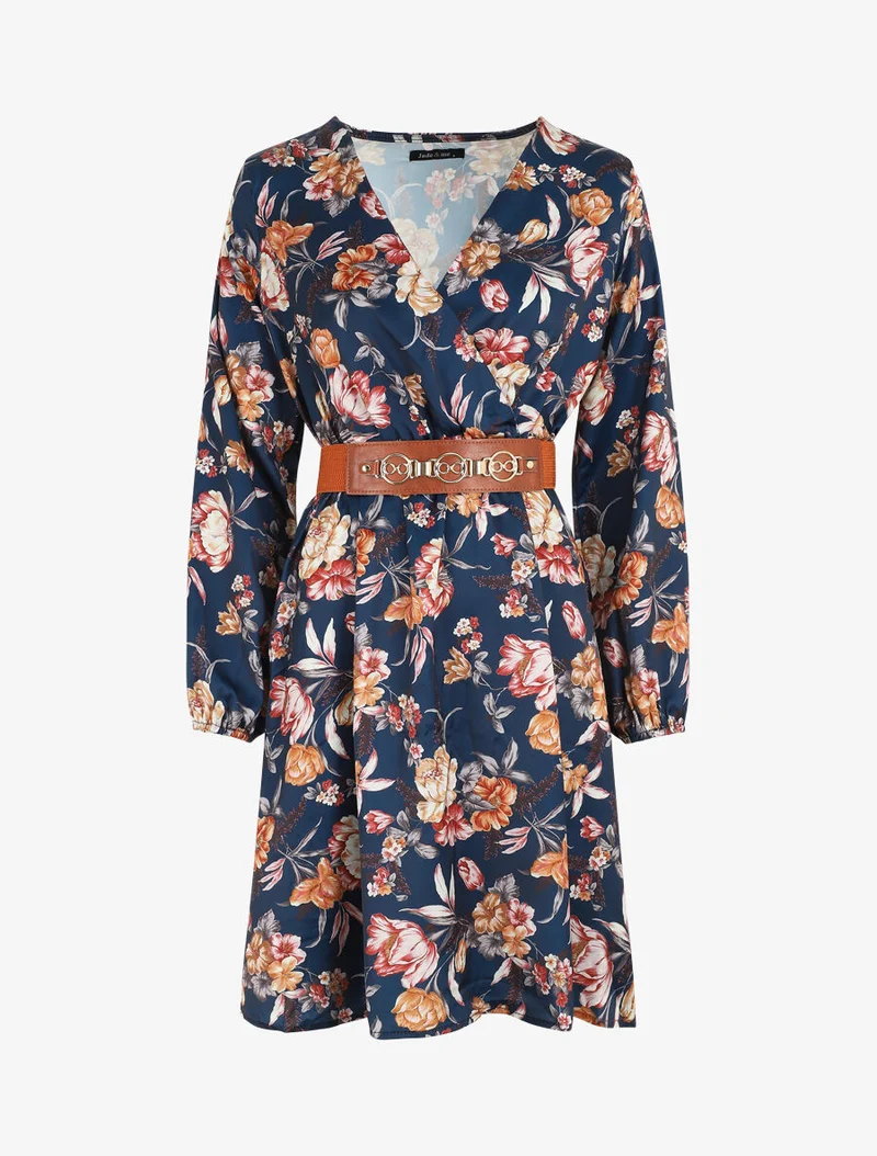Satin-Kleid mit Blumenmuster - Marine