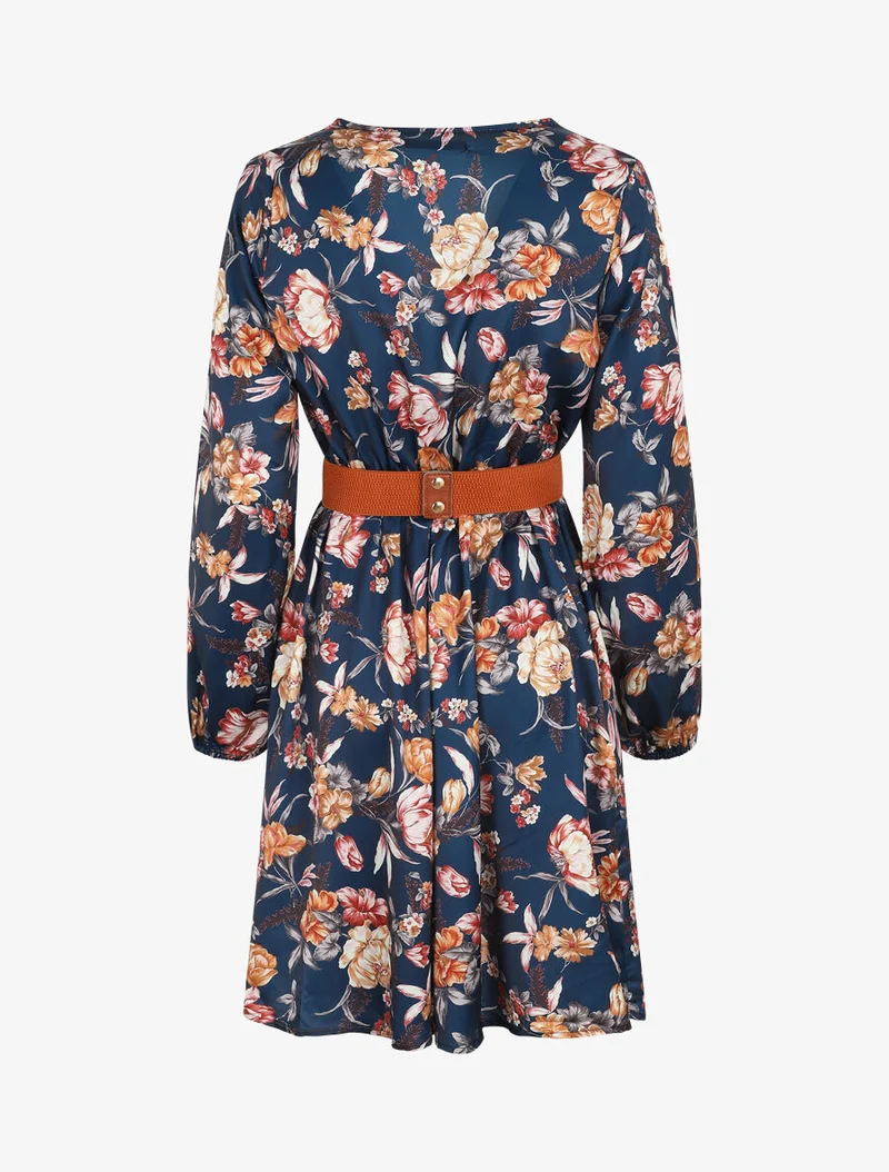 Satin-Kleid mit Blumenmuster - Marine