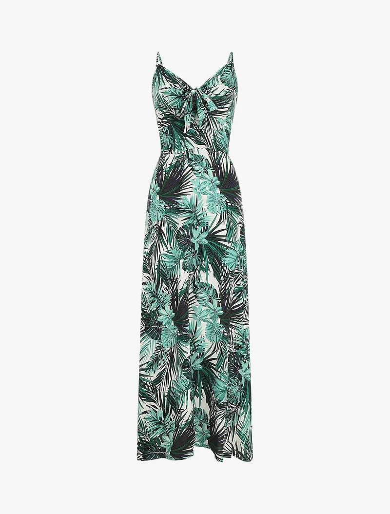 Langes Kleid mit Blätterdruck und Bindekragen - Weiß
