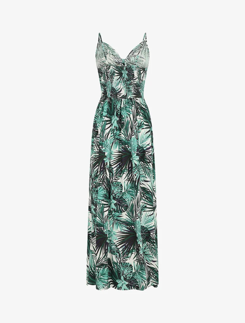 Langes Kleid mit Blätterdruck und Bindekragen - Weiß