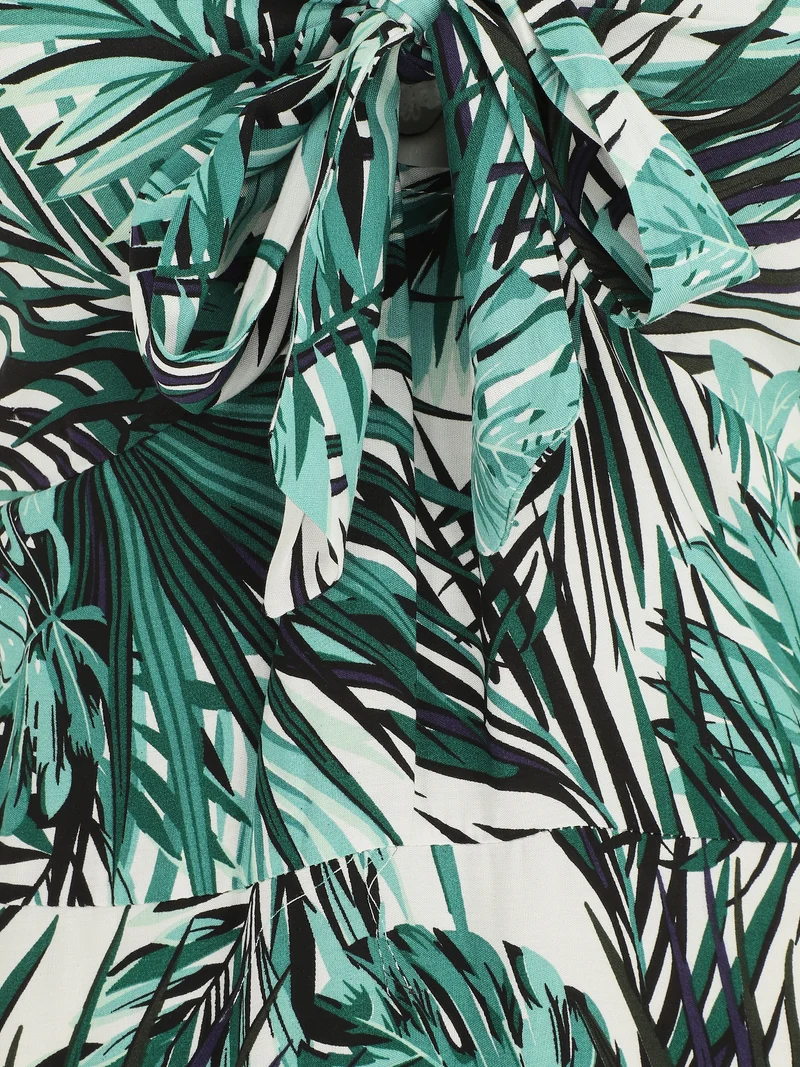 Langes Kleid mit Blätterdruck und Bindekragen - Weiß