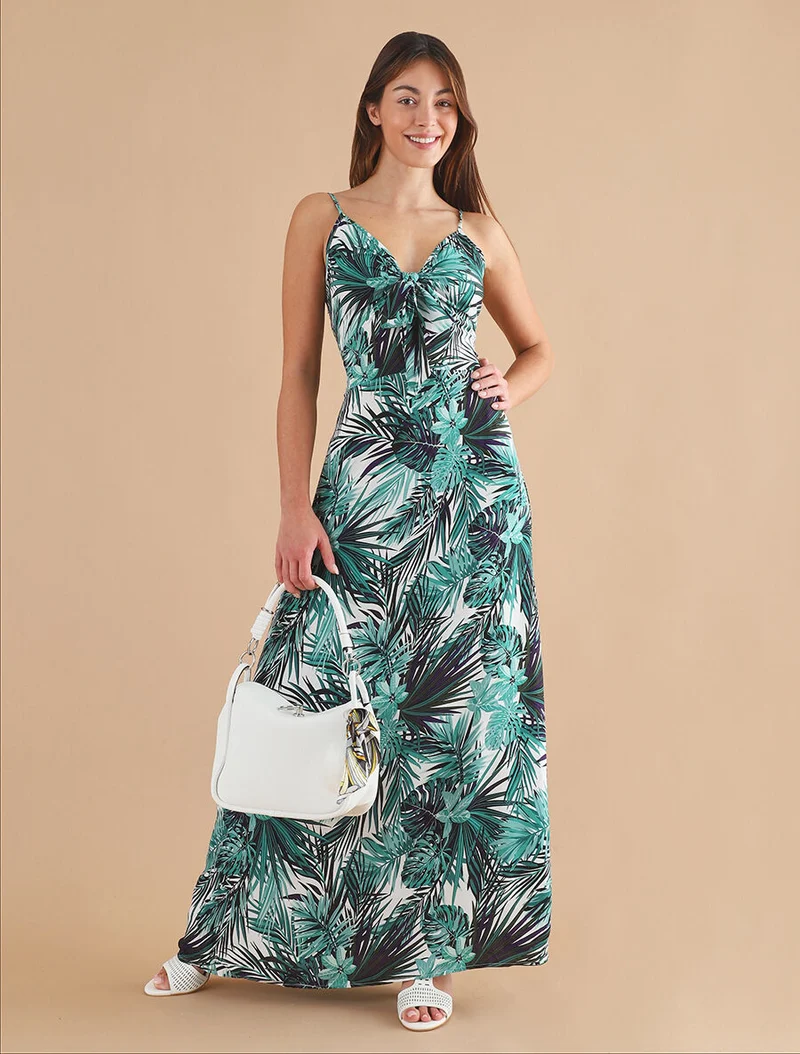 Langes Kleid mit Blätterdruck und Bindekragen - Weiß