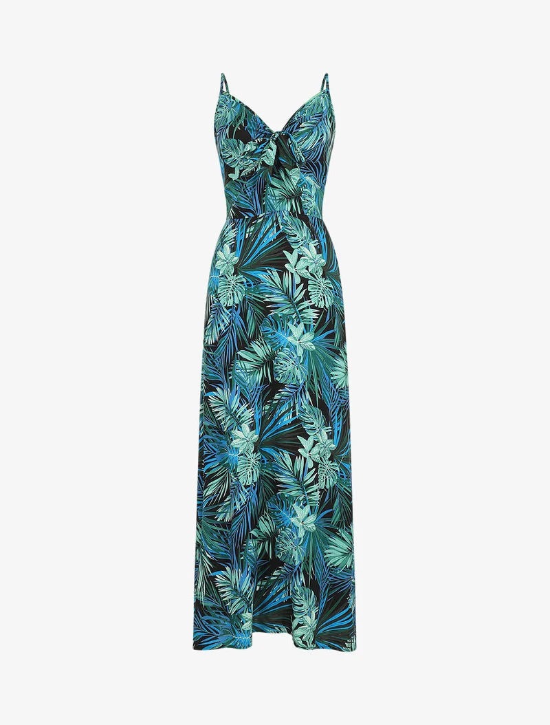 Langes Kleid mit Blätterdruck und Bindekragen - Schwarz