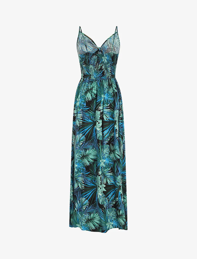 Langes Kleid mit Blätterdruck und Bindekragen - Schwarz