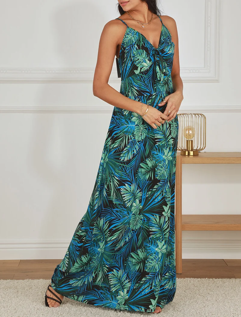Langes Kleid mit Blätterdruck und Bindekragen - Schwarz